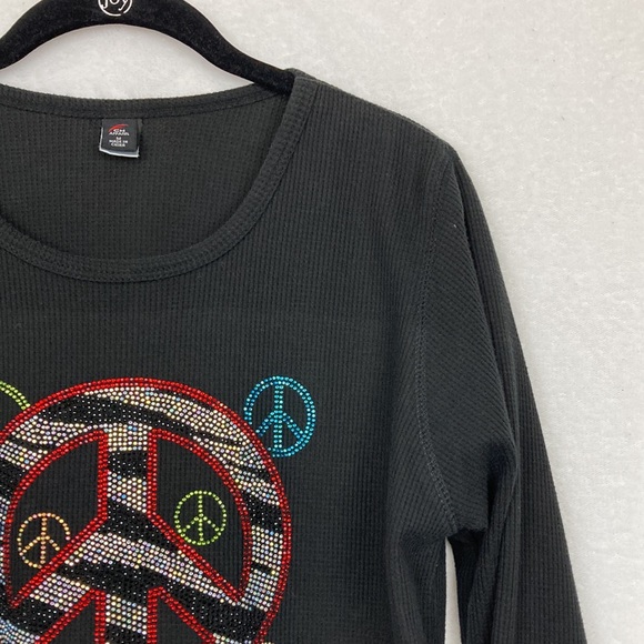 CH Apparel Women’s Black Thermal Knit Top with Crystal Peace Signs sz Medium - Picture 5 of 11